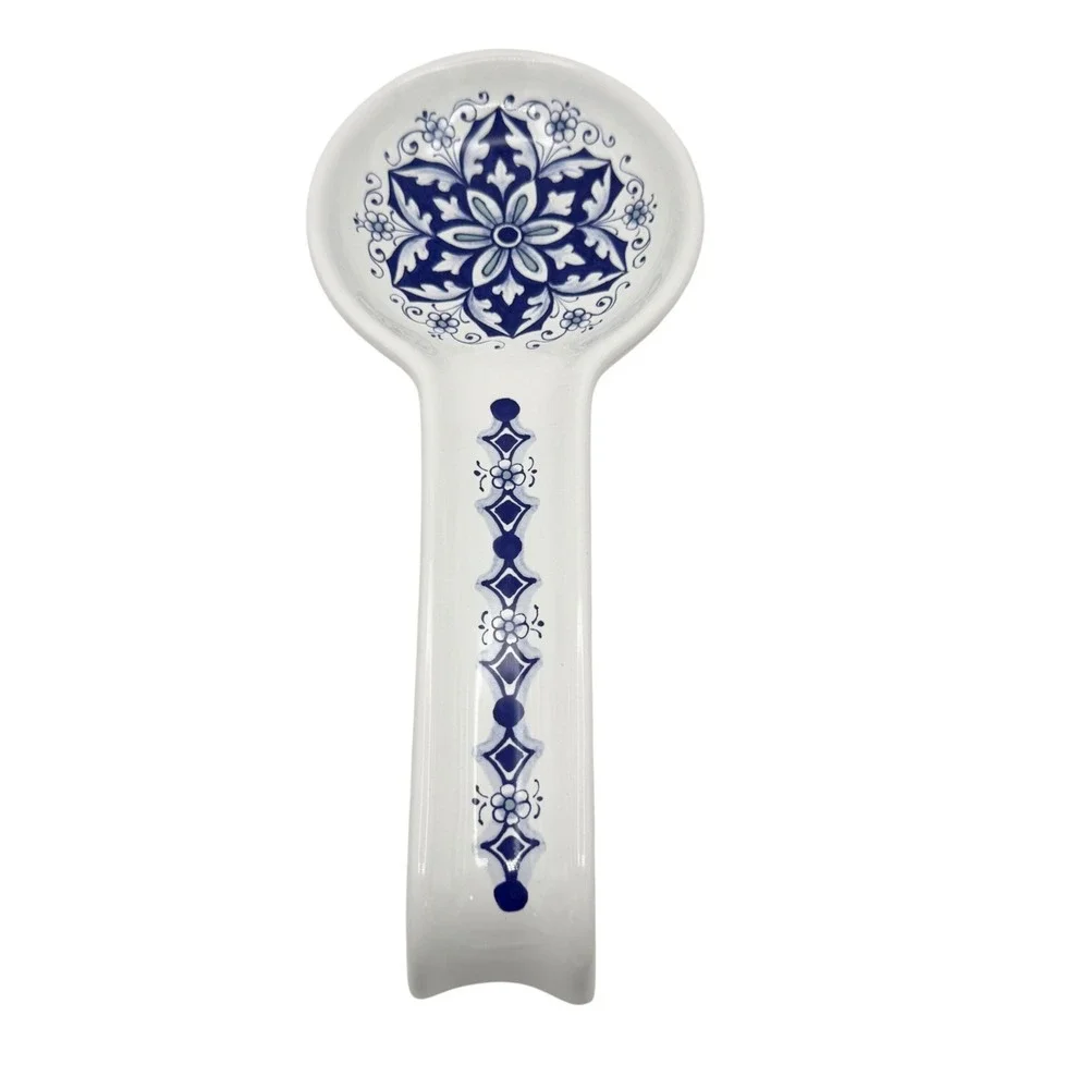 Nova Deruta Italy Blue & White Ceramic Spoon Rest Floral Italian Pottery